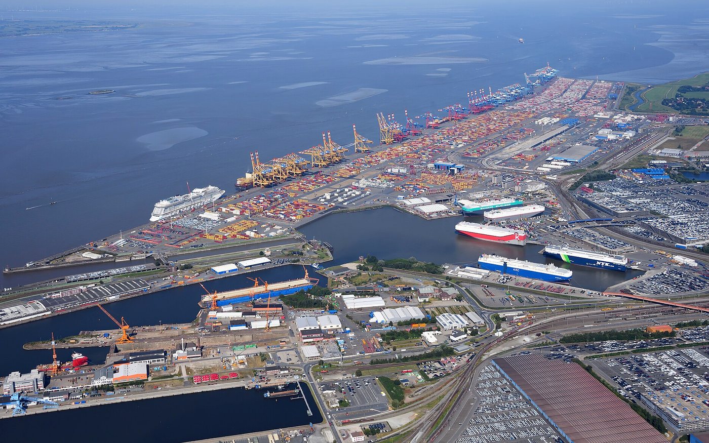 Containers stacked at a marine terminal