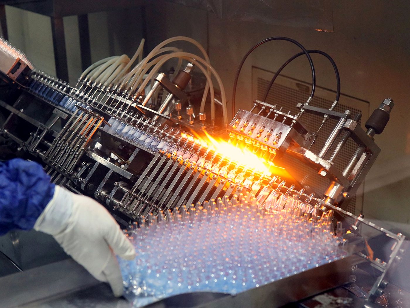 Glass vials on a pharmaceutical production line